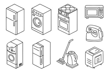 Collection of household appliances isometric line art isolated on white background