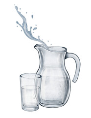 Glass jug with water splash and a glass beside, watercolor drawing on white background. Ideal for kitchen prints, drink labels, menu design, healthy lifestyle and food-themed decorations. 