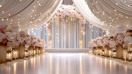 A white, elegant wedding ceremony setup with floral arrangements, candles, and fairy lights.
