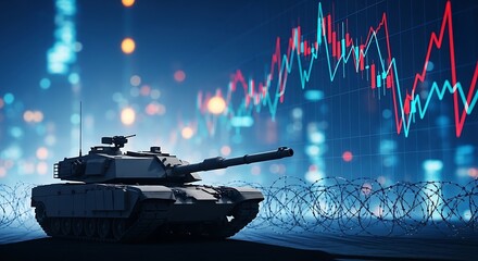 A military tank sits before a financial graph in a city at night