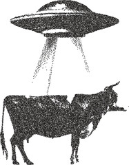 Alien vintage y2k stipple art, ufo halftone stipple brutalist retro vector png with transparent background, cosmic 2000s aesthetic photocopy effect tattoo © HoneyPunch