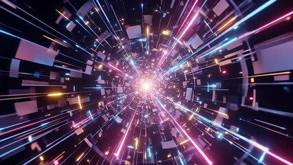 Digital tunnel with glowing neon light streaks - Powered by Adobe