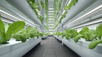 A modern, indoor hydroponic farm with rows of lettuce plants under artificial lighting.