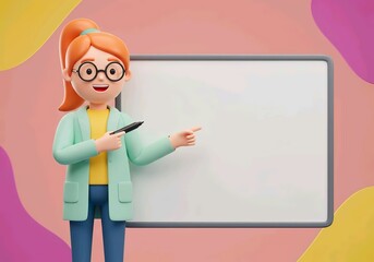 biologist pointing a big blank whiteboard or placard, cartoon 3D illustration, isolated on white background