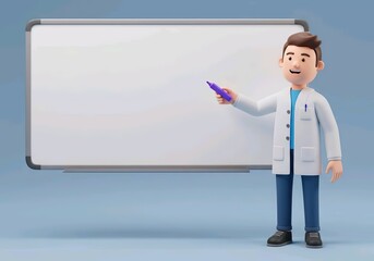 biologist pointing a big blank whiteboard or placard, cartoon 3D illustration, isolated on white background