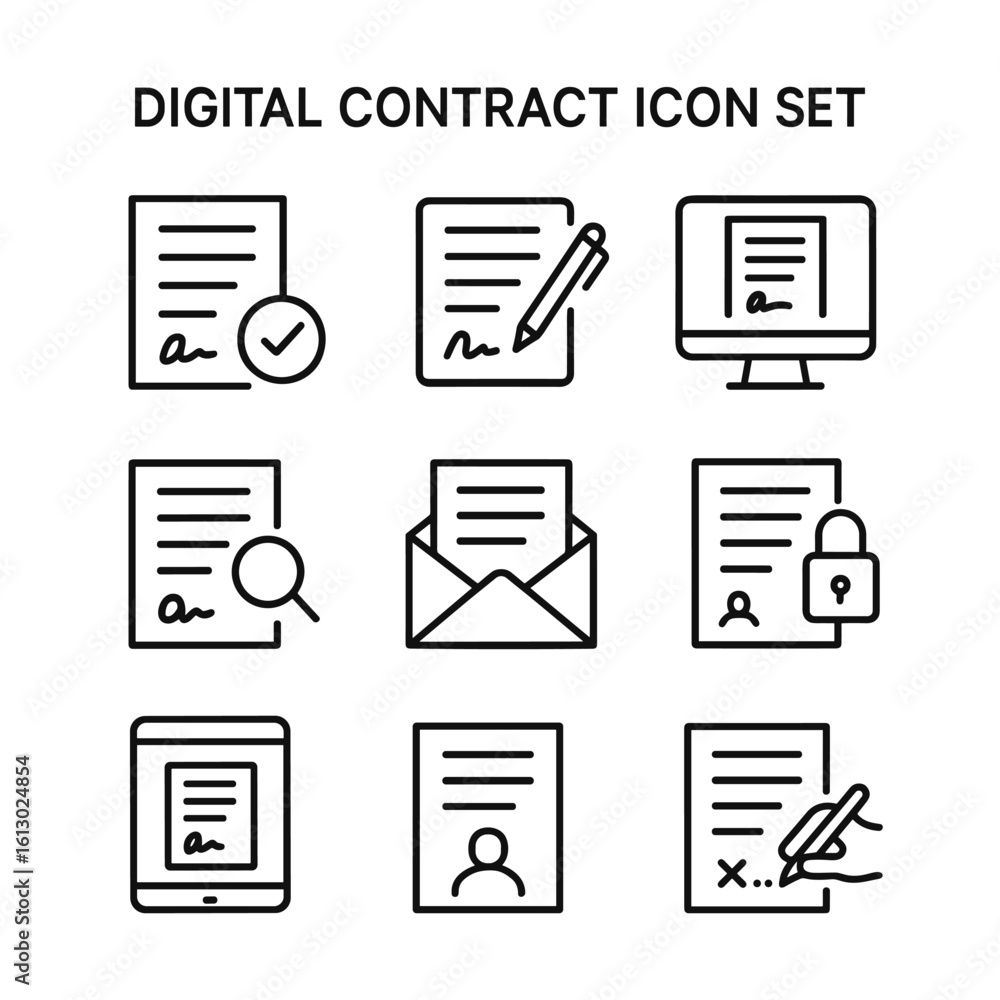 Poster digital contract vector icons set. outline symbols. line design