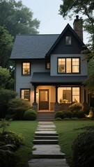 Naklejka premium Two-Story Cottage with Dark Exterior and Well-Maintained Garden at Dusk