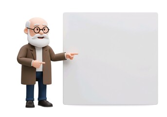 biologist pointing a big blank whiteboard or placard, cartoon 3D illustration, isolated on white background