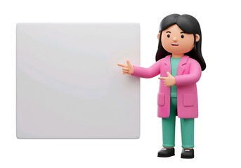 biologist pointing a big blank whiteboard or placard, cartoon 3D illustration, isolated on white background