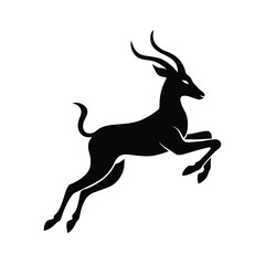 Elegant black silhouette of an antelope leaping dynamically in mid air against a clean white background