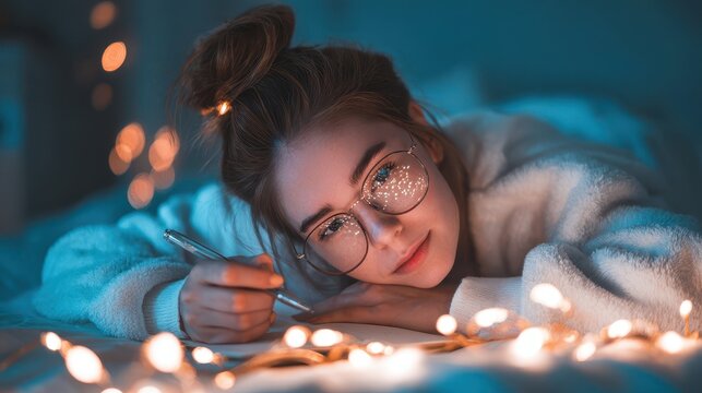 A young woman rests on a bed, writing in a journal, surrounded by warm lights. - Powered by Adobe