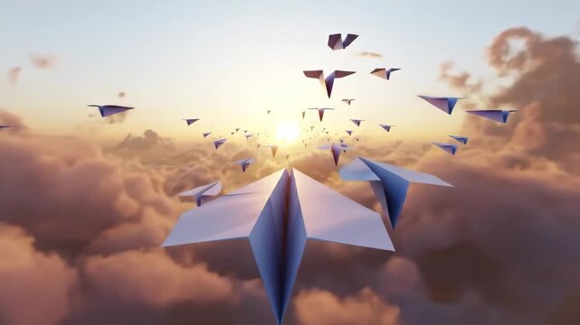 Fleet of paper airplanes soaring at sunset&mdash;cinematic forward flight, golden hour clouds, dynamic gliding animation