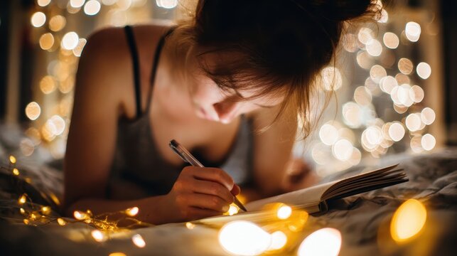 A young woman lies on a bed writing in a notebook.