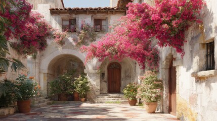 Charming Mediterranean Courtyard With Vibrant Bougainvillea And Rustic Architecture. Tranquil Retreat In A Sunlit Setting