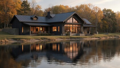 Fototapeta premium Modern black house by serene lake with gray roof. Large windows, balcony offer panoramic view of autumnal scenery. Tranquil lake mirrors house, creating peaceful harmony of composition. Lakeside