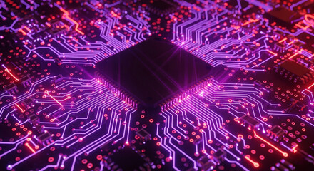 A close-up view of a central processing unit (CPU) or microchip at the heart of a circuit board,