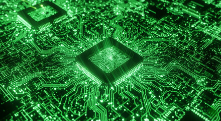 A close-up view of a central processing unit (CPU) or microchip at the heart of a circuit board,