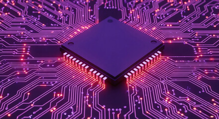 A close-up view of a central processing unit (CPU) or microchip at the heart of a circuit board,
