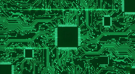 A close-up view of a central processing unit (CPU) or microchip at the heart of a circuit board,