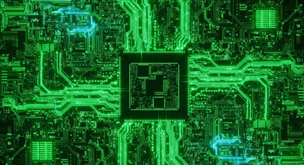 A close-up view of a central processing unit (CPU) or microchip at the heart of a circuit board,