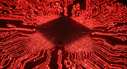 A close-up view of a central processing unit (CPU) or microchip at the heart of a circuit board,