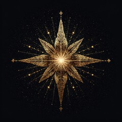 Golden star with intricate leaf patterns shining brightly against a dark background during a magical evening