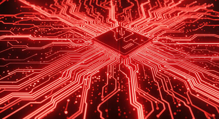 A close-up view of a central processing unit (CPU) or microchip at the heart of a circuit board,