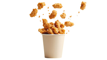 A bucket of fried chicken tenders with some floating isolated on transparent background