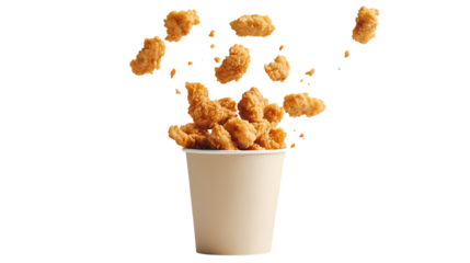 A bucket of fried chicken tenders with some floating isolated on transparent background