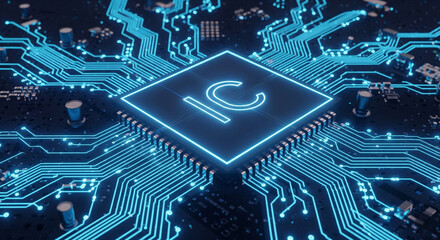A close-up view of a central processing unit (CPU) or microchip at the heart of a circuit board,
