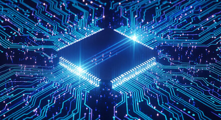 A close-up view of a central processing unit (CPU) or microchip at the heart of a circuit board,