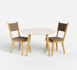 Kitchen round table with chairs 3d render set. Dining desk with white countertop and soft seats with wooden legs. Isolated restaurant, home, cafe furniture, modern wood interior decor. 3D illustration