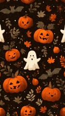 Festive autumn design with pumpkins, ghosts, and leaves in vibrant colors