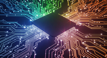 A close-up view of a central processing unit (CPU) or microchip at the heart of a circuit board,