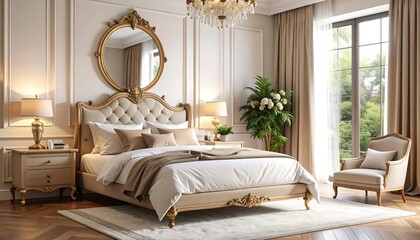 Luxurious bedroom with ornate bed, mirror, and armchair