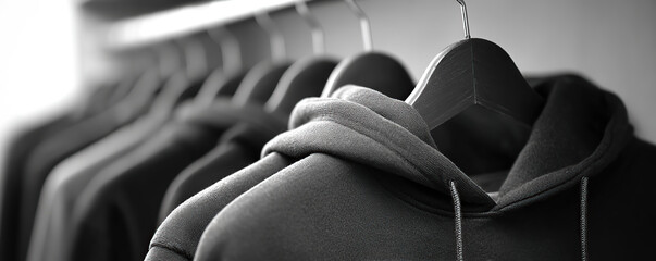 Dark hoodies displayed on hangers in a clothing store showcase modern streetwear fashion trends during a busy shopping day