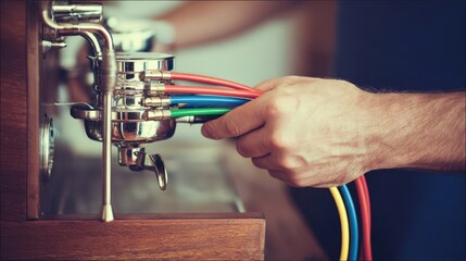 Close-up view of a coffee machine's intricate plumbing system.