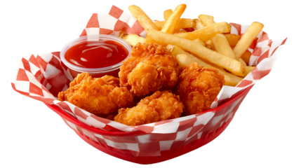 A basket filled with fried chicken nuggets and french fries with a side of ketchup on a checkered liner isolated on transparent background