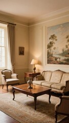 Elegant living room with classic furniture, a large rug, and a scenic wall painting
