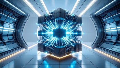 A modular quantum processor sculpture with geometric blocks.