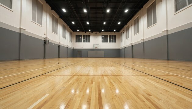 Empty basketball court with polished wood floor, white lines marking boundaries, free throw line. Two basketball hoops suspended from ceiling. Light blue painted walls. No players on court, - Powered by Adobe