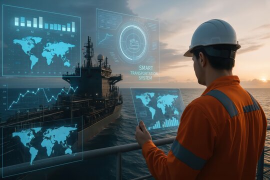 Innovative maritime technology is showcased as a worker interacts with a digital interface, revealing data visuals above a ship at sunset during a serene, tranquil ocean setting
