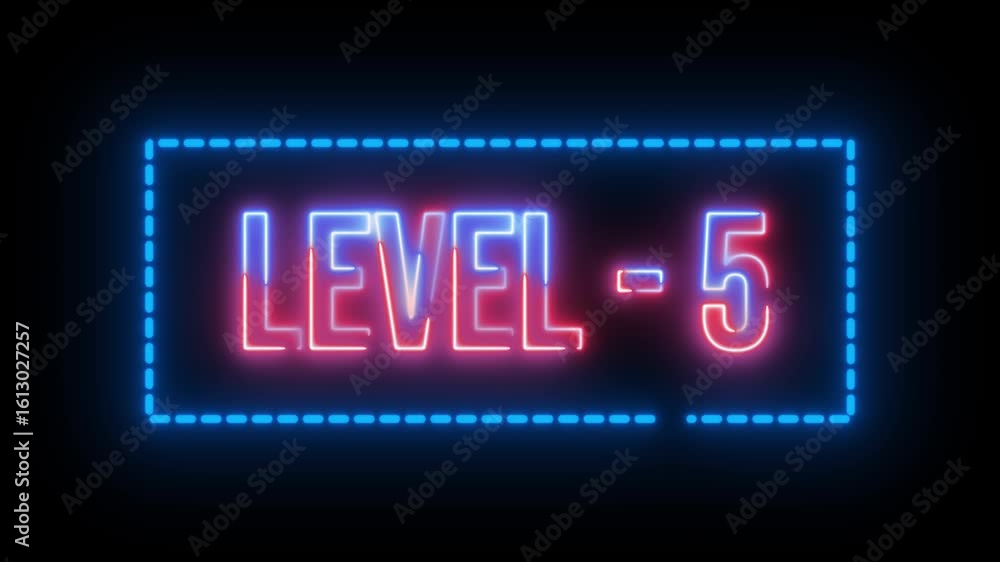 Aufkleber neon multicolor level 5 text animation with dotted rectangle border on black background