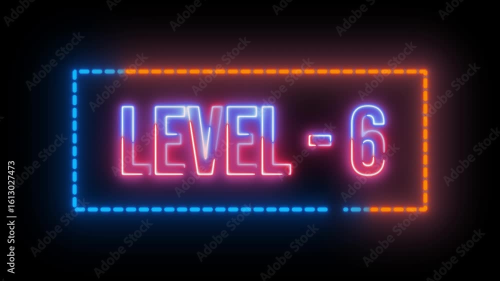 Aufkleber neon multicolor level 6 text animation with dotted rectangle border on black background