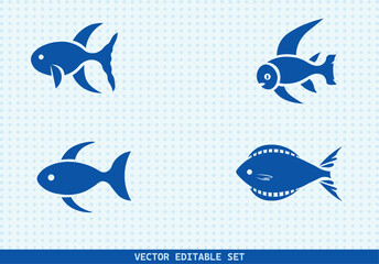 This editable vector set features four unique hand-drawn fish illustrations. perfect for seafood menus, kids’ books, educational materials, aquarium infographics