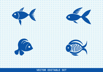 This editable vector set features four unique hand-drawn fish illustrations. perfect for seafood menus, kids’ books, educational materials, aquarium infographics