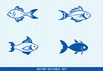 This editable vector set features four unique hand-drawn fish illustrations. perfect for seafood menus, kids’ books, educational materials, aquarium infographics