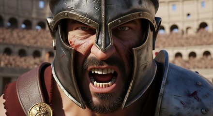 The intense battle cry of a powerful Roman gladiator, his face filled with fury as he stands ready for combat in a sunlit coliseum.