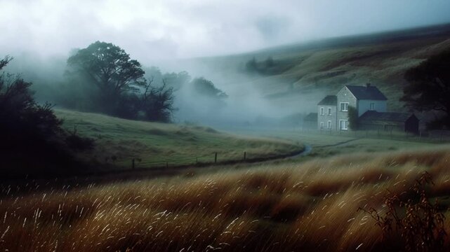 Misty Farmhouse in Rolling Green Hills