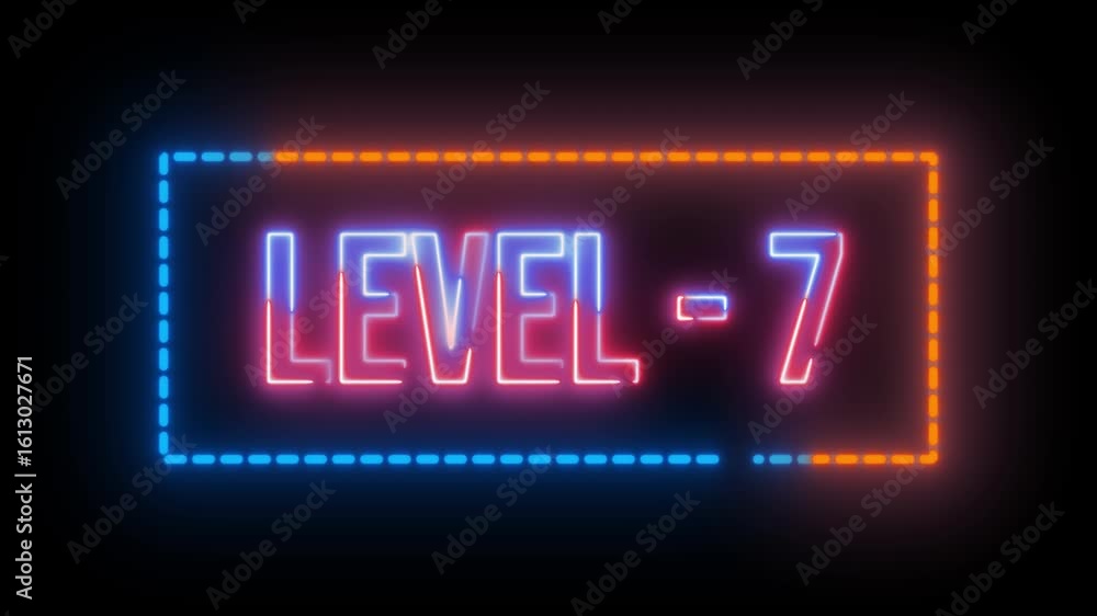 Aufkleber neon multicolor level 7 text animation with dotted rectangle border on black background